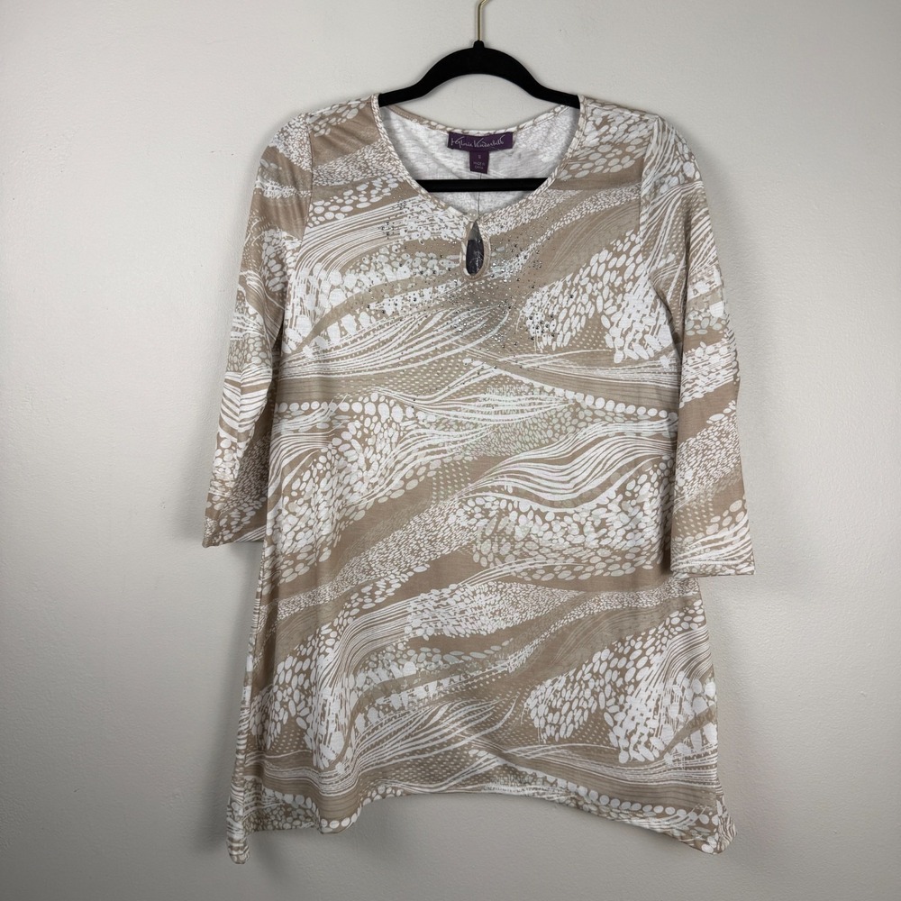 Gloria Vanderbilt Tunic Top Women's Small Beige White Abstract Print Long Sleeve